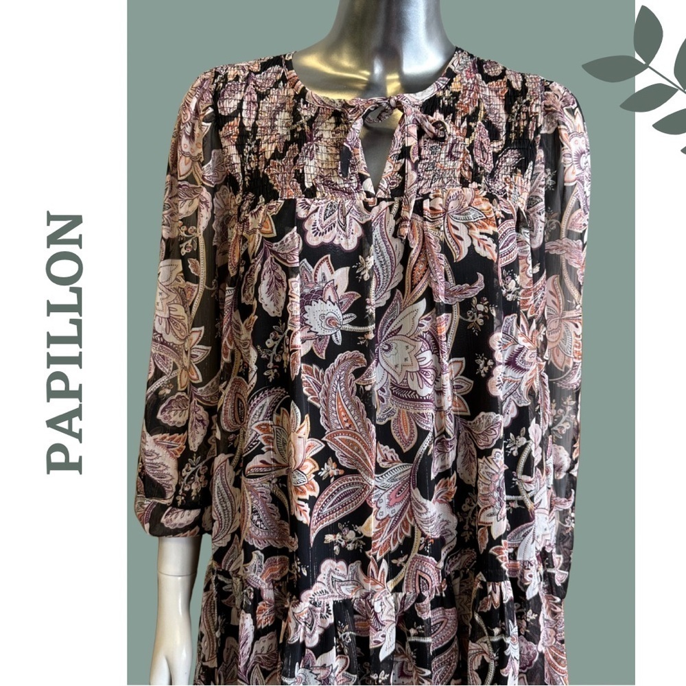 Papillon Paisley Lurex Georgette Tiered Dress Mini Long Sleeve Black Size Small - Picture 6 of 9